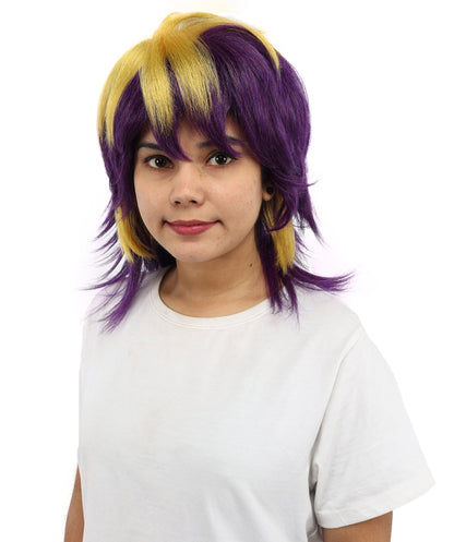 HPO Women’s Layered Purple & Yellow Spiky Anime Wig – 17 Inch Two-Tone Synthetic Hair with Capless Cap Design | Ideal for Roleplay, Cosplay Events & Themed Parties