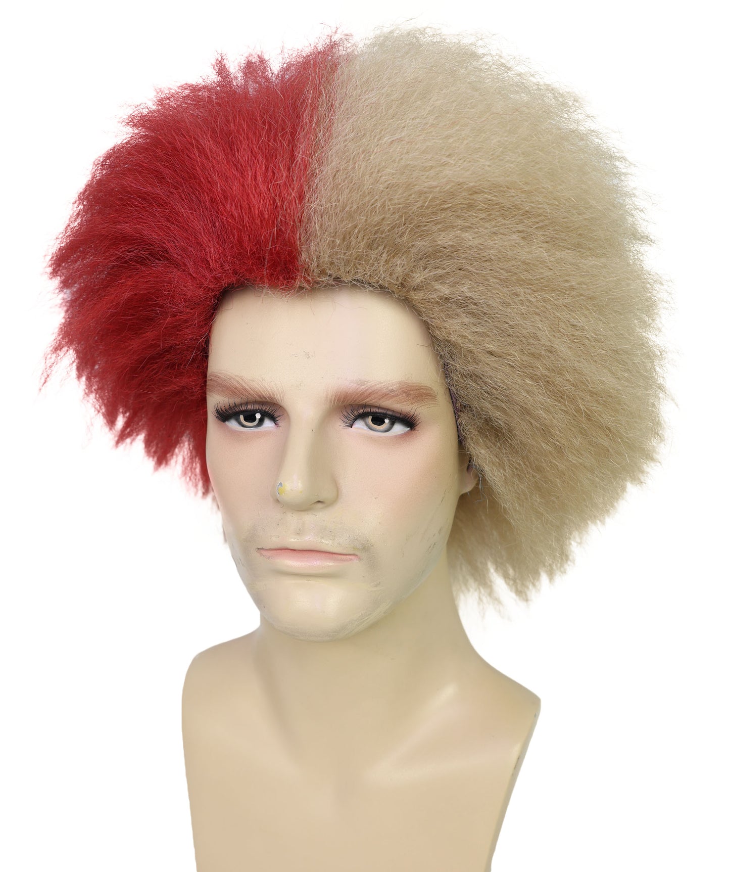 HPO Men Two-Tone South America Gangster Wig | Wild Half Red & Half Brown Fluffy Party Hair| Ideal for Halloween | Breathable Capless Cap