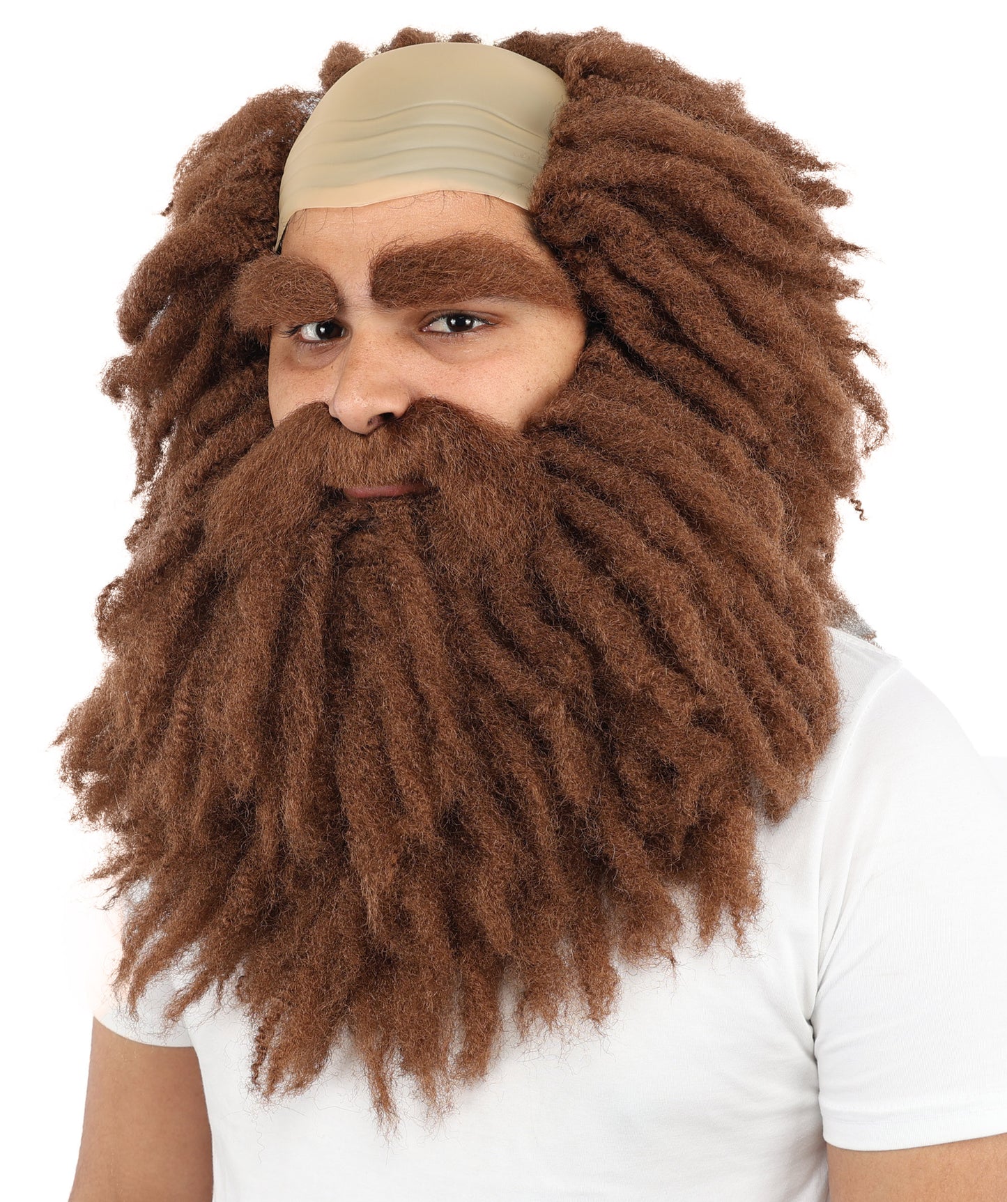 HPO Men's Bushy Brown Curly Beard Moustache Eyebrow and Wig Set | Wild Hair Look Costume Accessory with Bald Cap Design | Synthetic Fiber Wig Ideal for Stage Shows, Dress-Up & Party Events