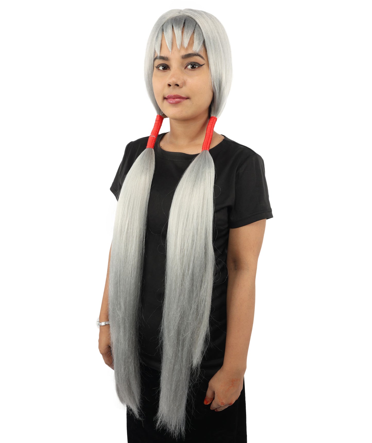 HPO Women's Extra Long Pigtail Wig | Multicolor Options | Floor Length Straight Twin Tails with Bangs, Heat Friendly Synthetic Fiber & Adjustable Cap | Halloween, Fairy Roleplay, Magical Girl Theme, Theater & Carnival