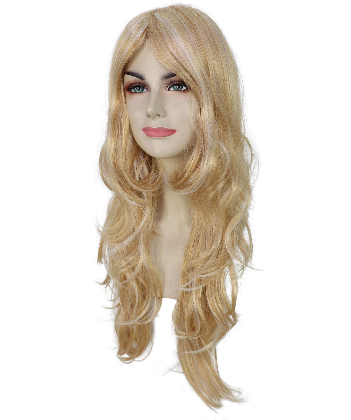 HPO Women Wavy Hot Honey Blonde Wig – Perfect for 70s Disco, Retro Costumes, Halloween and Cosplay, Themed Events, Breathable and comfortable cap design