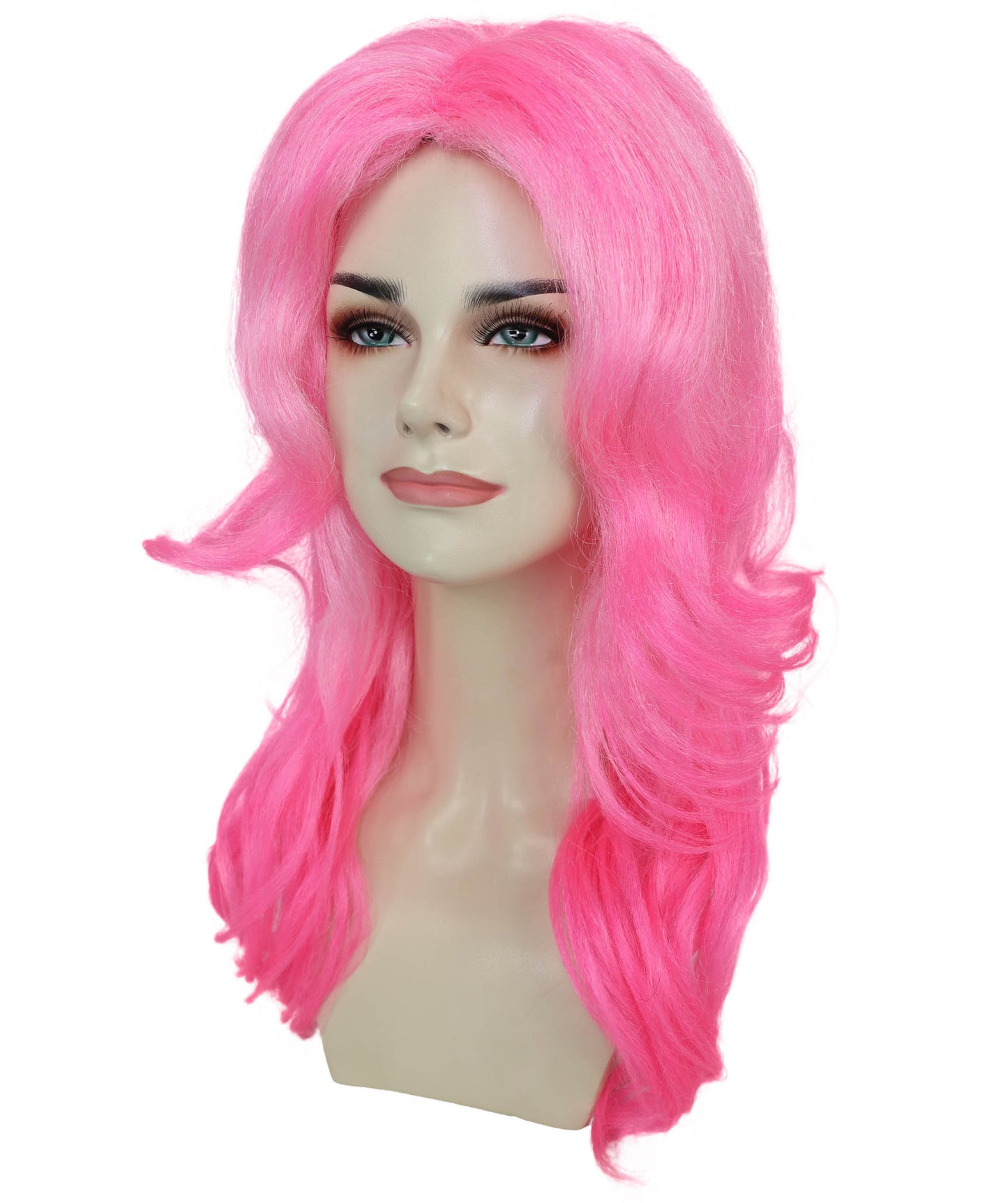 Adult Women’s Vibrant Pink Curly Long Wig | Silk Center-Part Hair Piece for Glam Looks | Flame-Retardant Synthetic Fiber | Ideal for Halloween and themed party