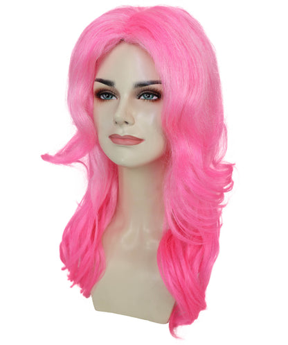 Adult Women’s Vibrant Pink Curly Long Wig | Silk Center-Part Hair Piece for Glam Looks | Flame-Retardant Synthetic Fiber | Ideal for Halloween and themed party