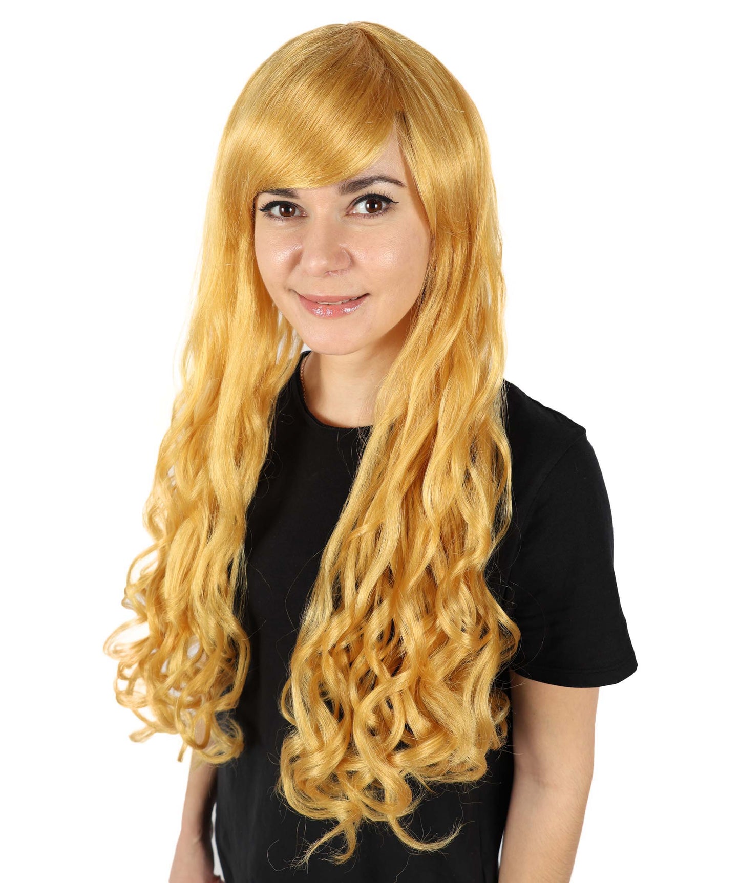 HPO Women's Multicolor Long Curly Wig with Fringe, Flame-retardant Synthetic Fiber