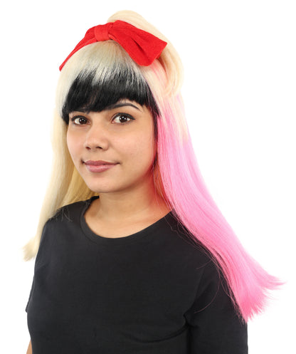HPO Women’s Black & Blonde Medium-Length Straight Wig with Pink Tips | Flame-retardant Synthetic Fiber | Lightweight Capless Design for Halloween and Cosplay