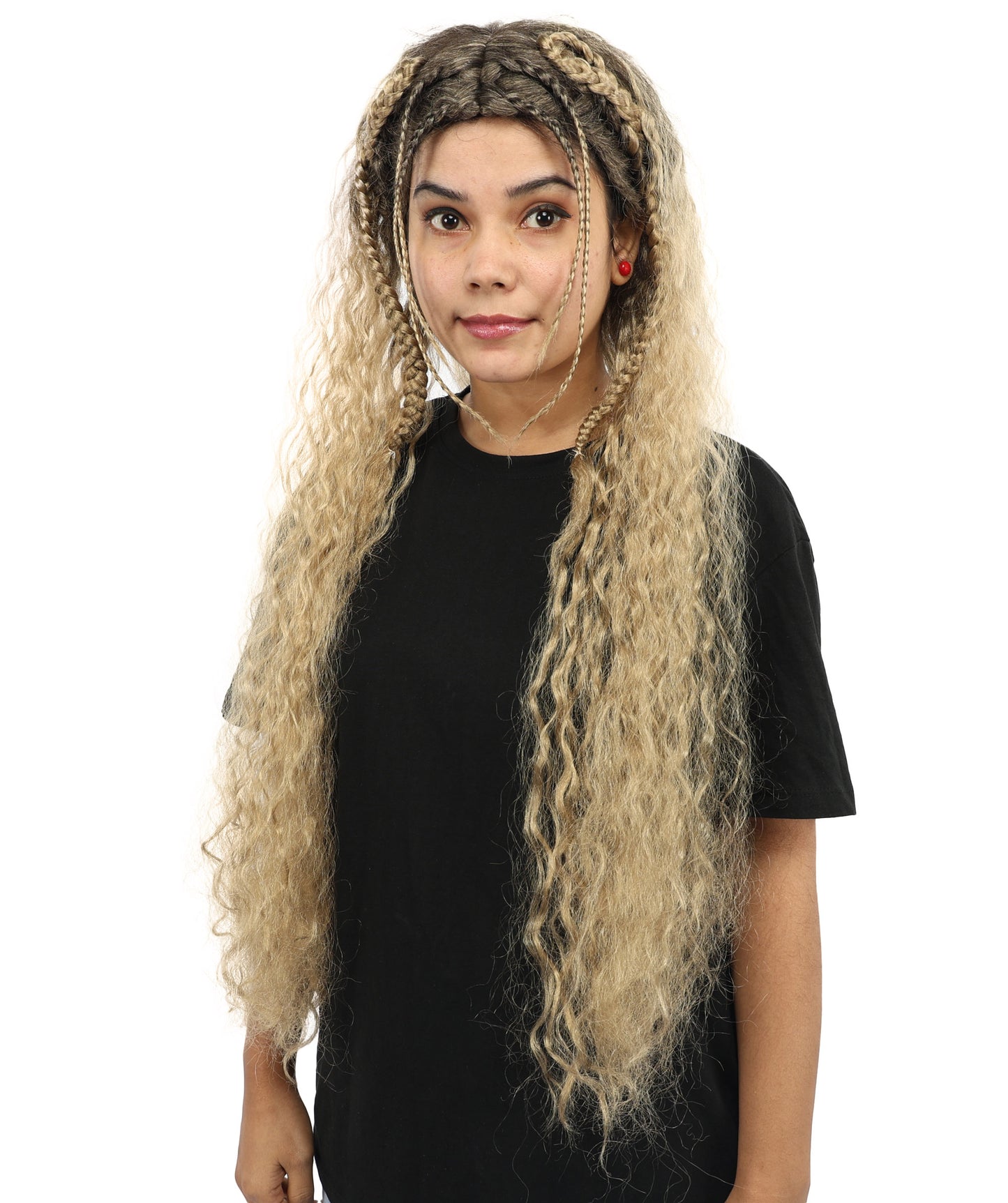 HPO Women's Extra Long Dark Brown & Ash Blonde Mixed Wig with Micro Braids | Loose Wavy Synthetic Hairpiece for Cosplay, Festivals, Stage Shows &  Parties