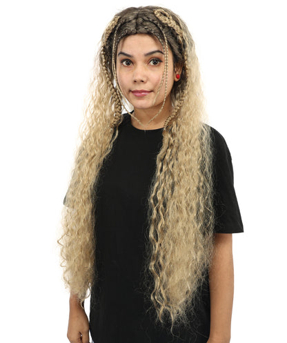 HPO Women's Extra Long Dark Brown & Ash Blonde Mixed Wig with Micro Braids | Loose Wavy Synthetic Hairpiece for Cosplay, Festivals, Stage Shows &  Parties