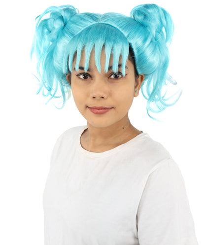 HPO Adult Women’s Messy Twin Bun Wig with Graphic Bangs | Multiple Color Options | Edgy Wig for Cosplay, Fashion Events, Halloween & Stage Wear | Adjustable Cap, Lightweight Synthetic Fiber