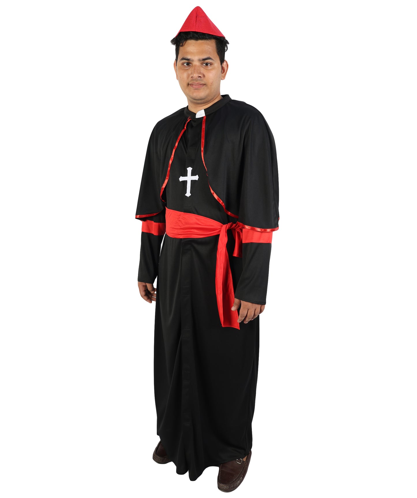 HPO  Men's Clergy Bishop Costume | Traditional Black Cassock Red Robe Sholder Cape Magenta Satin Waist Sash Matching Zucchetto Cap | Halloween Cosplay Theater Drag Performance Costume Events