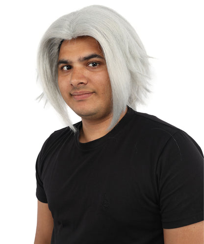 HPO Men's Two Tone Black & White Layered Anime Hair | Frosted Tips Messy Style, Natural Matte Finish, Adjustable Interior Net & Durable Strands | Carnival, Dress Up, Fantasy Conventions, Theater & Photo Shoots