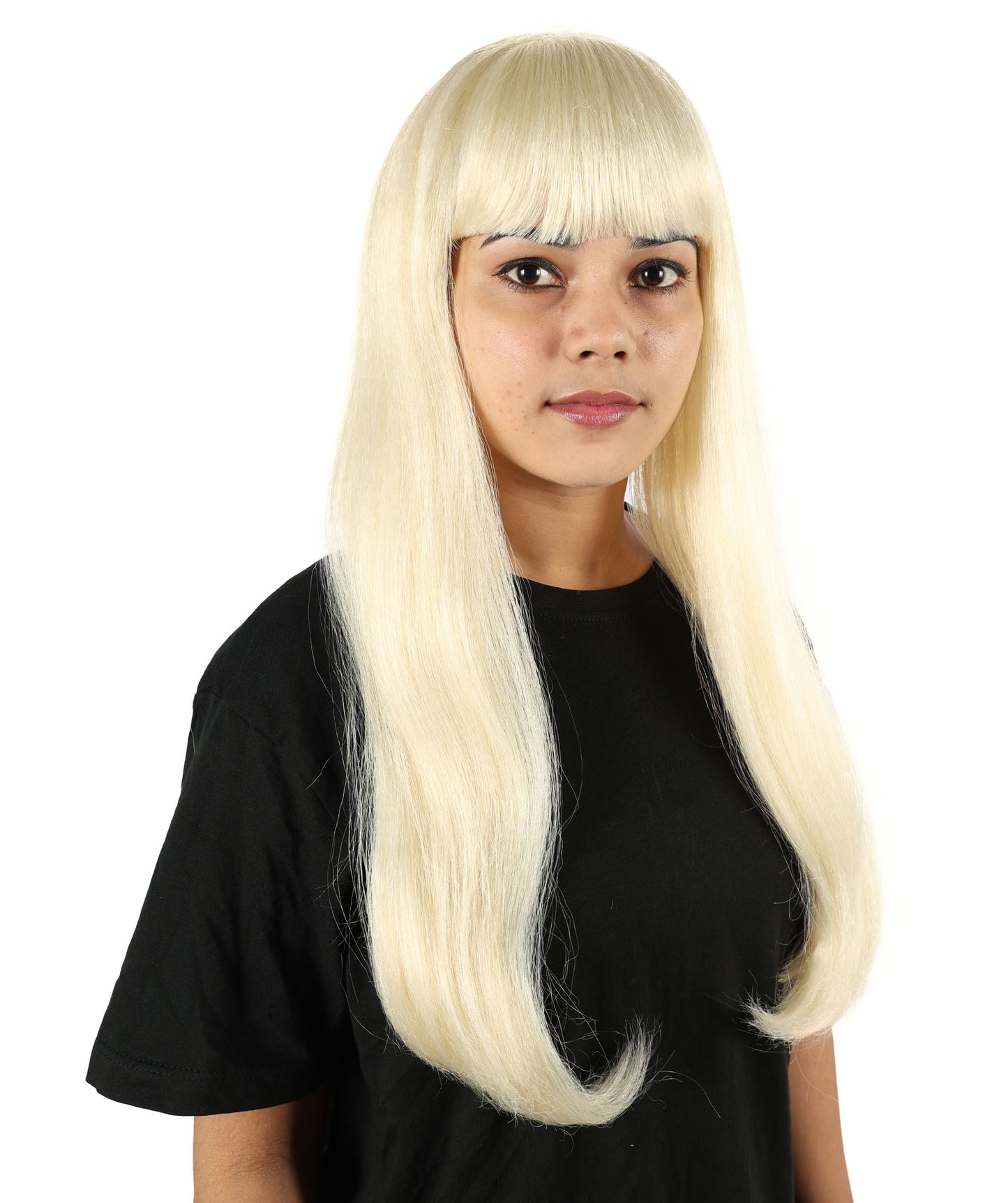 HPO Women’s Long Straight Black Wig with Bangs | Flame-retardant Synthetic Fiber | Classic Retro-Inspired Costume Hairpiece