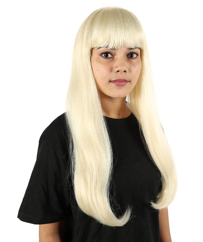 HPO Women’s Long Straight Black Wig with Bangs | Flame-retardant Synthetic Fiber | Classic Retro-Inspired Costume Hairpiece