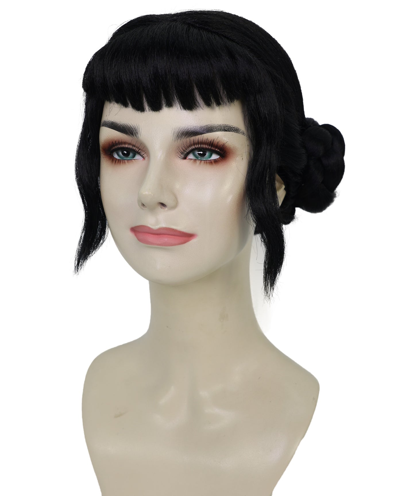 HPO Adult Women’s Popular K-Pop Demon Hunter Wig Black High Bun with Front Bangs | Halloween Wig | Futuristic Pop Star Warrior Look