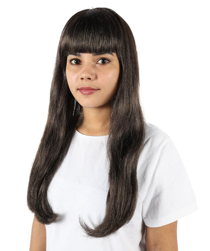 HPO Women’s Long Straight Black Wig with Bangs | Flame-retardant Synthetic Fiber | Classic Retro-Inspired Costume Hairpiece