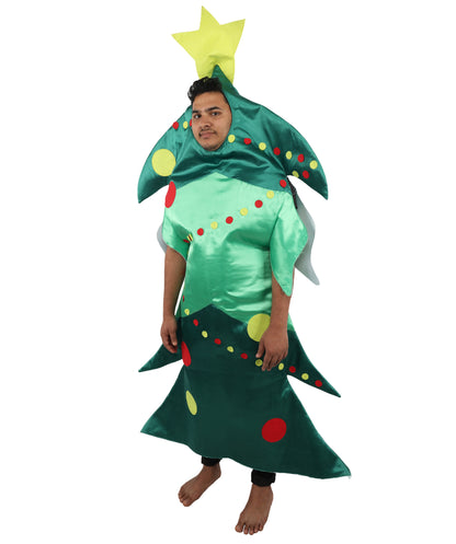 HPO Men's Festive Christmas Tree Costume | Green Structured Foam and Jersey Tunic with Star Accent | Ideal for Halloween, Theater, Drag, and Holiday Performance Events