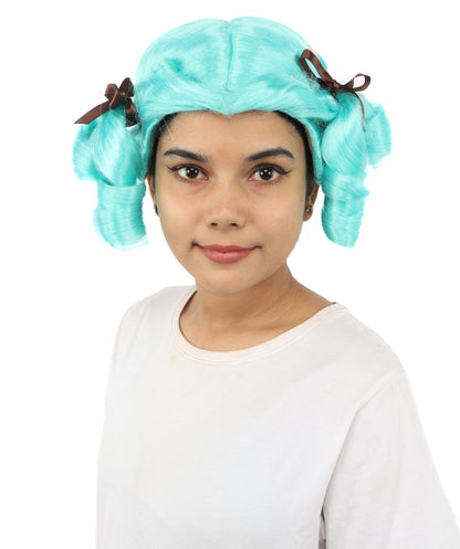 HPO Women's Golden White Mixed Curly Pigtail Wig | Messy Ringlet Twin Tails with Attached Fabric Ribbons, Synthetic Fiber & Breathable Cap | Halloween, Movie Character Roleplay, Costume Party & Theater