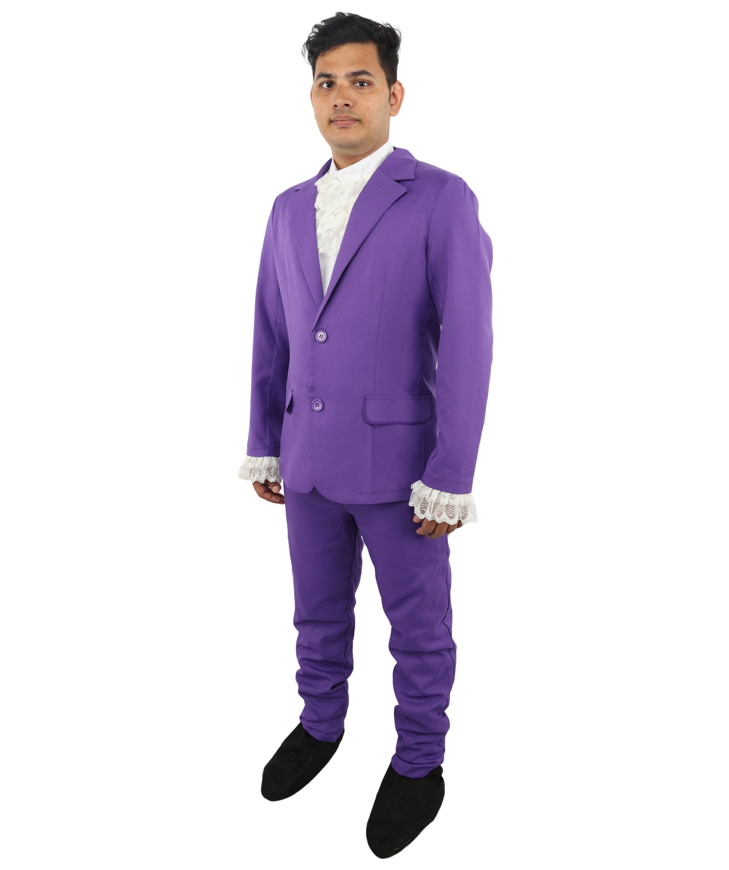 HPO Men’s Austin Powers Costume | Purple Jacket & Trousers with White Cravat | Cosplay, Halloween, Stage, Party & Roleplay Outfit