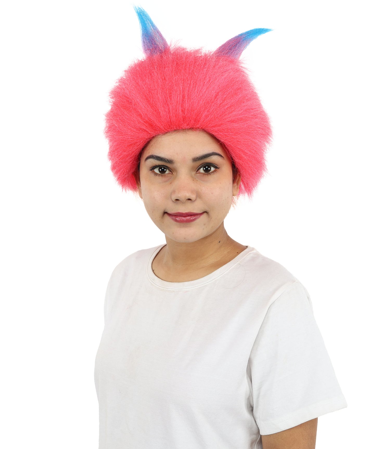 HPO Women Pink Movie Character Wig with Blue Horns | Bright Fantasy Synthtic Hairpiece | Ideal for Halloween, Cosplay, Stag Party
