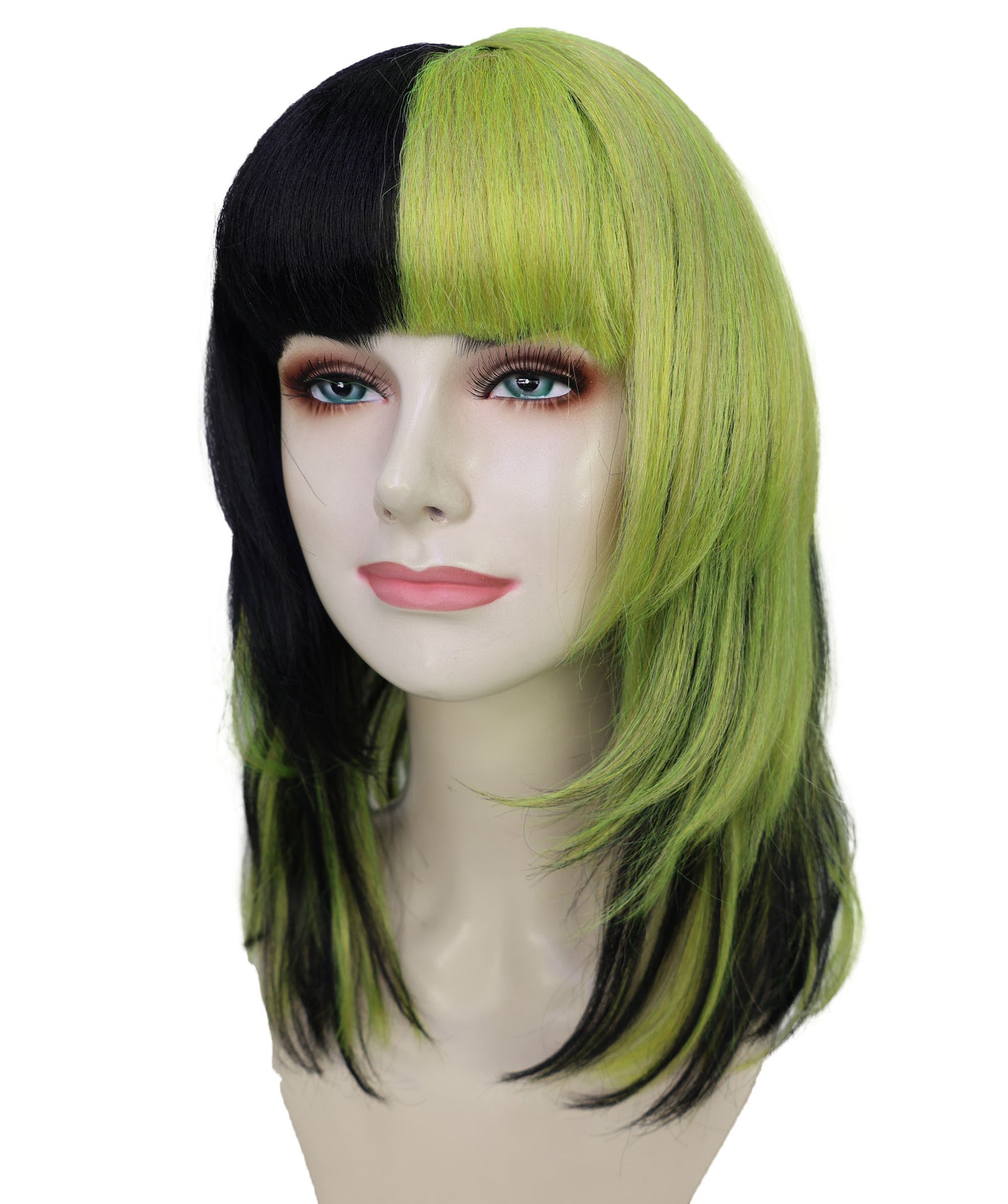 HPO Adult Short Lolita Straight Wig with Bangs for Women | Green & Black Highlighted Synthetic Wig | Breathable Cap for Daily Wear & Halloween Looks