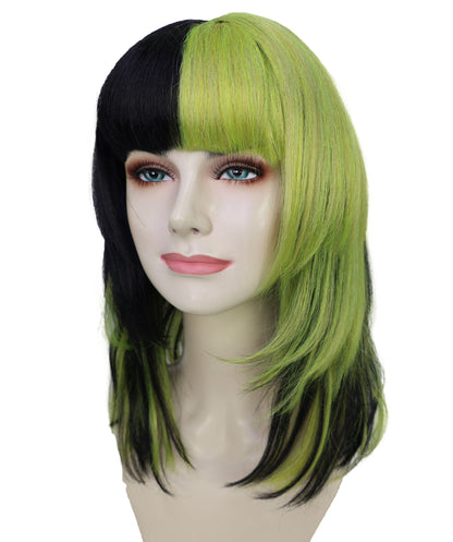 HPO Adult Short Lolita Straight Wig with Bangs for Women | Green & Black Highlighted Synthetic Wig | Breathable Cap for Daily Wear & Halloween Looks