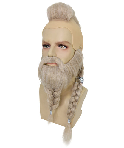 HPO Men's Viking Warrior Wig Mustache & Beard Set | Long Blonde Braided Hair with Mohawk and Tied Beard | Accessories for Halloween Cosplay & Festivals
