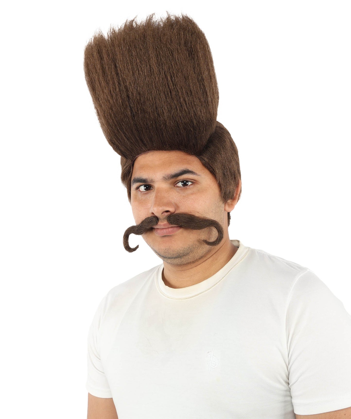 HPO Adult Men's Tall Flat Top Wig and Mustache | Vertical Dark Pompadour with Long Handlebar Facial Hair, Synthetic Fiber & Breathable Net | Halloween, Carnival, Stage Performance & Roleplay