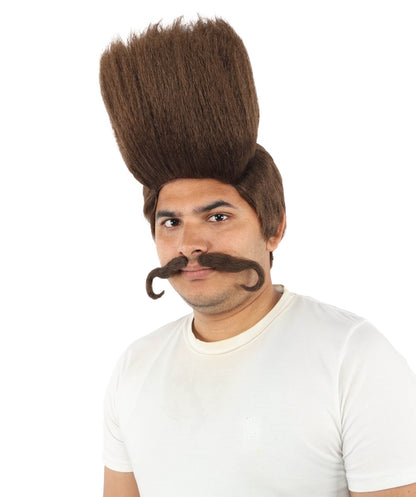 HPO Adult Men's Tall Flat Top Wig and Mustache | Vertical Dark Pompadour with Long Handlebar Facial Hair, Synthetic Fiber & Breathable Net | Halloween, Carnival, Stage Performance & Roleplay