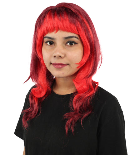 HPO Mullet Style Layered Wig with Bangs - Short Wavy Costume Hair Outfit | Retro Inspired Headpiece for Cosplay, Styling & Parties
