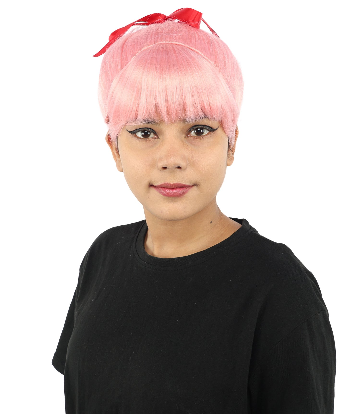 HPO Women's Spiral Ponytail Wig | Multicolor Options | High Updo with Red Ribbon Bow & Bangs, Heat Friendly Synthetic Fiber & Breathable Cap | Halloween, Christmas Event, Themed Party, Theater & Roleplay