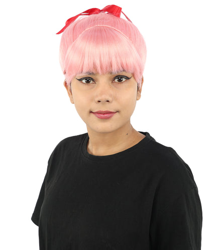 HPO Women's Spiral Ponytail Wig | Multicolor Options | High Updo with Red Ribbon Bow & Bangs, Heat Friendly Synthetic Fiber & Breathable Cap | Halloween, Christmas Event, Themed Party, Theater & Roleplay