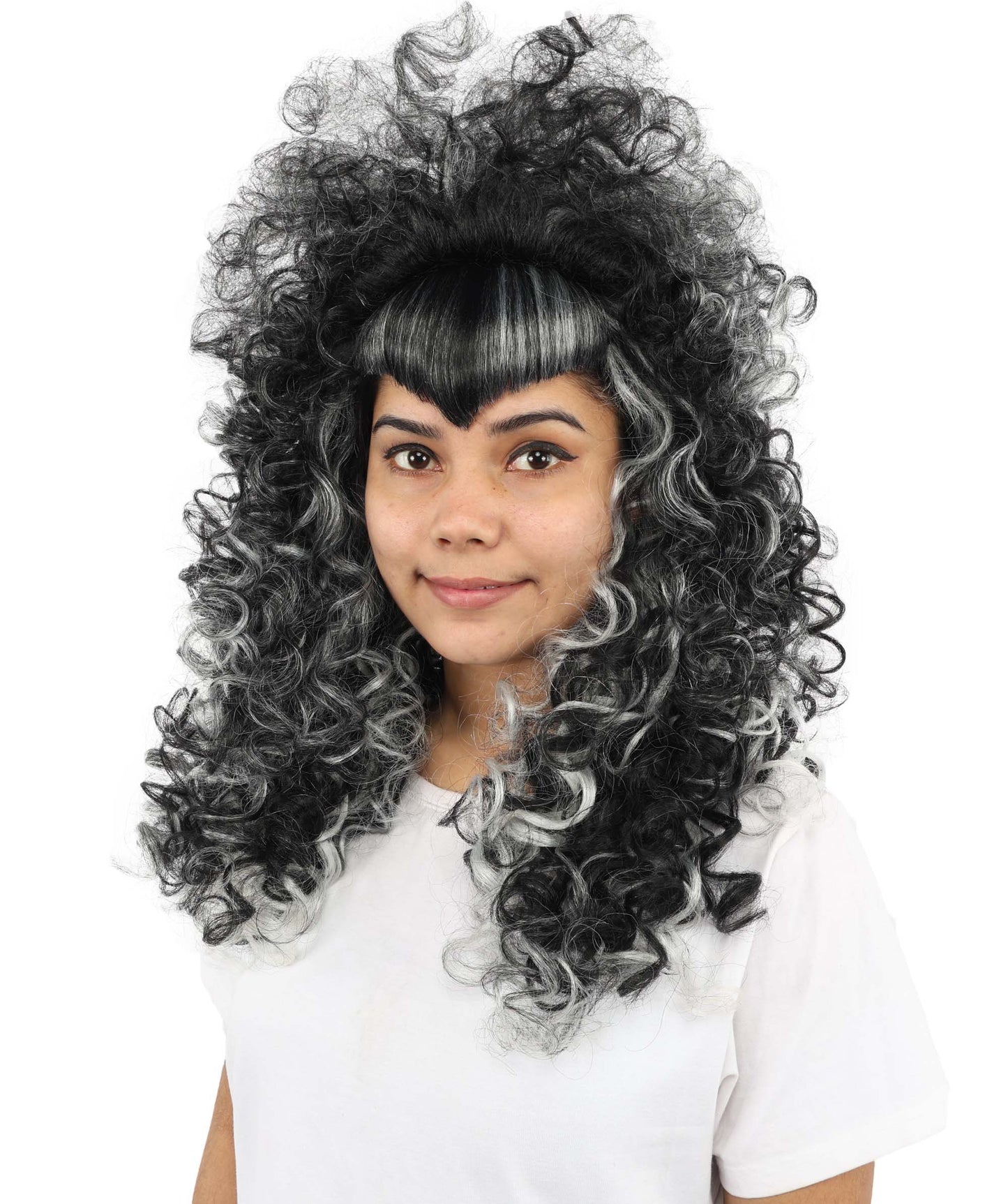 HPO Women's Vampire Mistress Curly Wig | Long Layered Black Hair with White Highlights and Teased Roots | Classic Horror Cosplay and Theme Parties