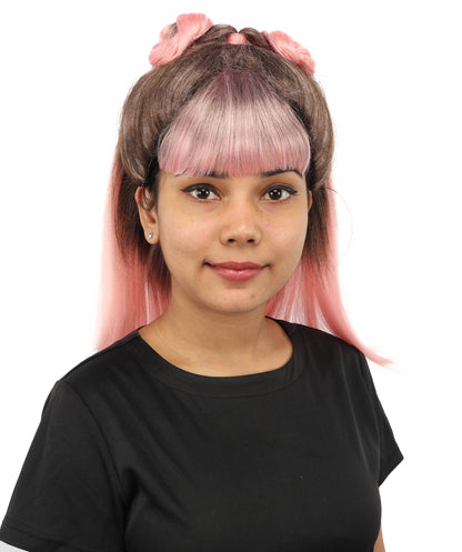 HPO Women's Brown & Pink Half Updo Bangs Wig | Create of synthetic fiber, blunt fringe with top bow, breathable base | Party, Halloween, theater, drag, performance, costume events