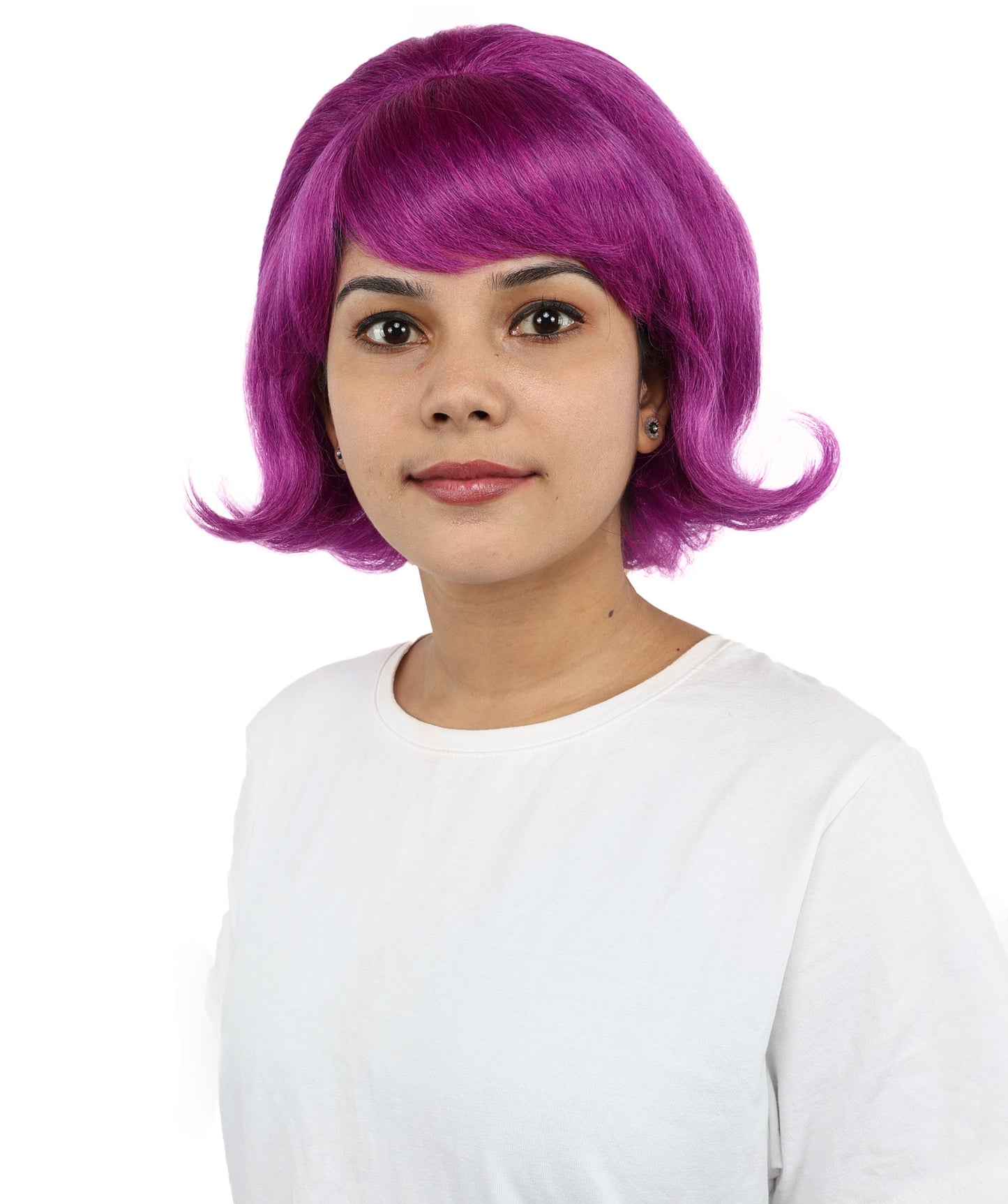 HPO Women’s 60s Flip Purple Wig with Bangs | Short Retro Hairstyle with Outward Curls | Vintage Costume Hairpiece for Halloween, Cosplay, Parties & Stage
