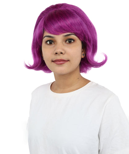 HPO Women’s 60s Flip Purple Wig with Bangs | Short Retro Hairstyle with Outward Curls | Vintage Costume Hairpiece for Halloween, Cosplay, Parties & Stage