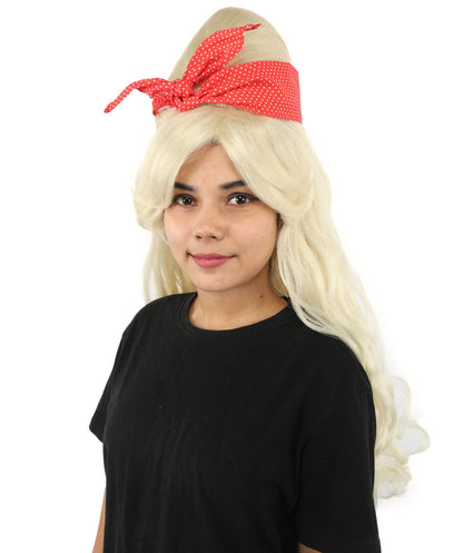HPO Women’s Retro Beehive Wig with Red Bow | Multicolor Options | Extra Long Wavy Fancy Dress Accessory | Fancy Dress Accessory | Celebrity-Inspired Hair for Halloween, Cosplay & Music Tribute Parties