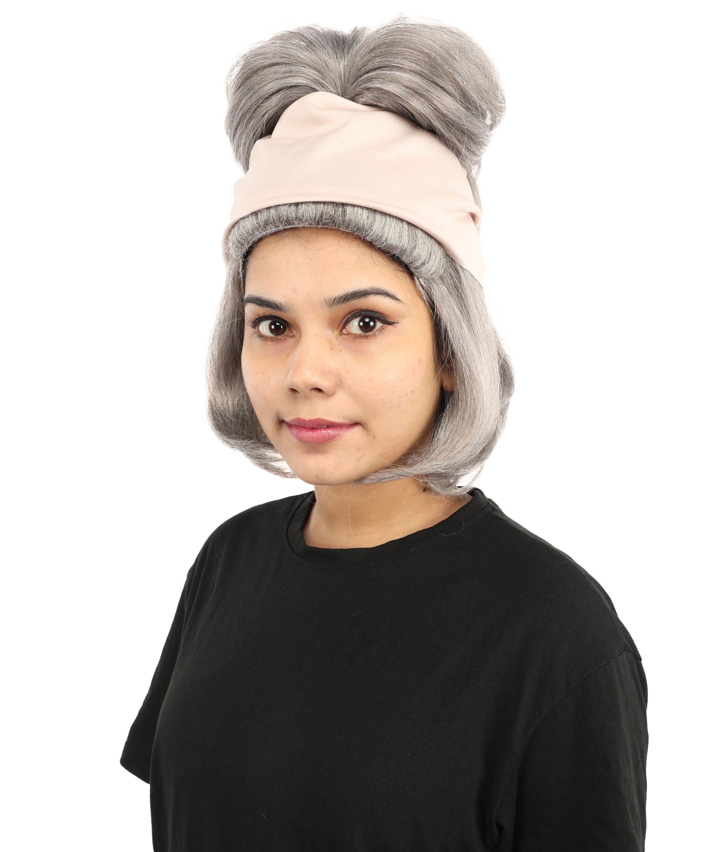 HPO Women’s 14” Grey Beehive Wig with Beige Headwrap | Capless Synthetic Hairpiece | Inspired Look for Halloween Cosplay and Party Events