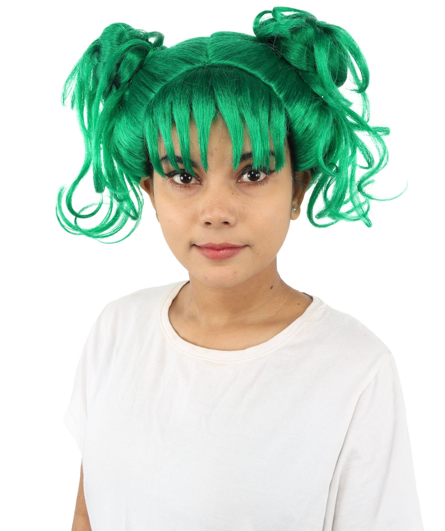 HPO Adult Women’s Messy Twin Bun Wig with Graphic Bangs | Multiple Color Options | Edgy Wig for Cosplay, Fashion Events, Halloween & Stage Wear | Adjustable Cap, Lightweight Synthetic Fiber