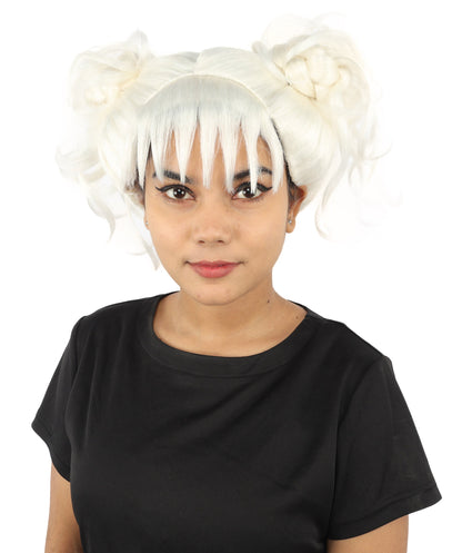 HPO Adult Women’s Messy Twin Bun Wig with Graphic Bangs | Multiple Color Options | Edgy Wig for Cosplay, Fashion Events, Halloween & Stage Wear | Adjustable Cap, Lightweight Synthetic Fiber