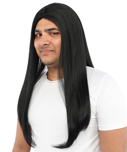 HPO Men’s Middle Part Black Straight Wig | High Heat-Resistant Synthetic Hair | Sleek Rock Star Style for Cosplay, Stage & Halloween