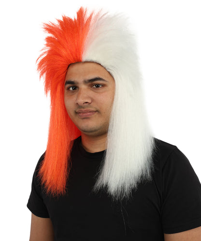 HPO Men’s Red & White Mohawk Wig | Flame-Resistant Fan Hair for Sports Events, Team Spirit Parties, Festivals & National Celebrations | Breathable Capless Cap
