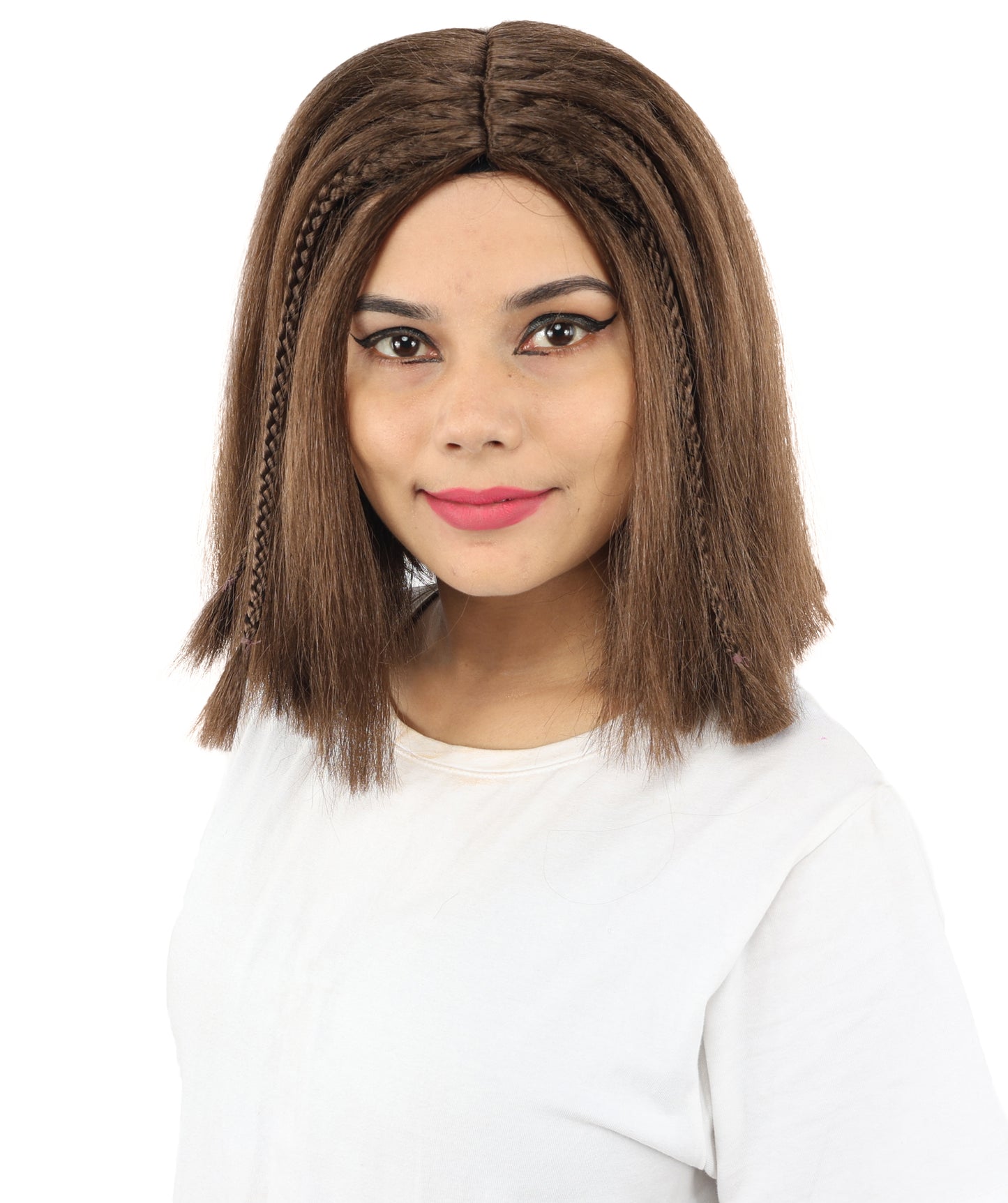 HPO Celebrity-Style 11 Inch Green Rooted Blonde Front Braided Straight Wig | Shoulder-Length Fun, Bold, and Stylish Hairpiece  | Ideal for Halloween, Cosplay, and Themed Parties