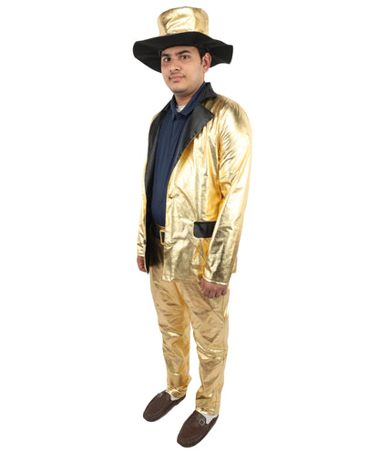 HPO Men's Metallic Gold & Black Pimp Suit | Shiny PVC and Satin Finish with Matching Hat T-Shirt and Belt | Ideal for Cosplay, Halloween, Drag, and 1970s Theme Performance Events