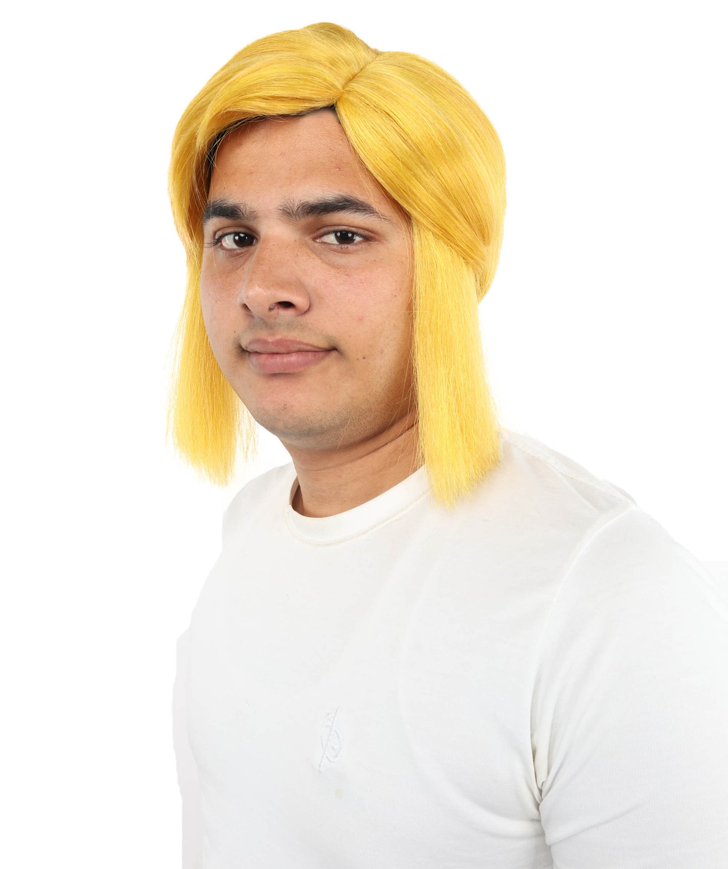 HPO Men's Fantasy Hero Wig | Short Yellow & Blonde Layered Hairstyle with Side Bangs | Synthetic Wig for Cosplay, Roleplay, Halloween & Stage
