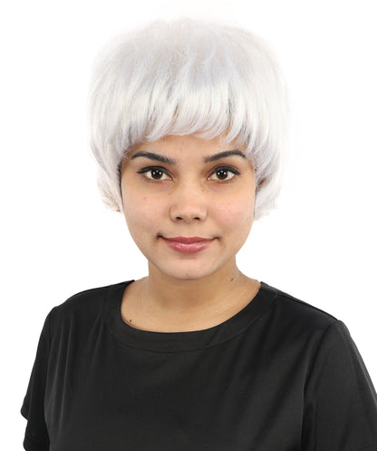 HPO Women's Short Silver White Pixie Wig  | Edgy Layered Cut with Bangs | Synthetic Hair Wig for Stage Fashion, Cosplay, Halloween & Bold Party Looks