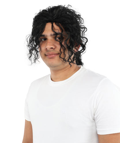 Men's Black Pop Star Medium Curly Wig-Synthetic Hair with Natural Texture | Commonly Used in Cosplay, Stage Performances & Retro Theme Parties