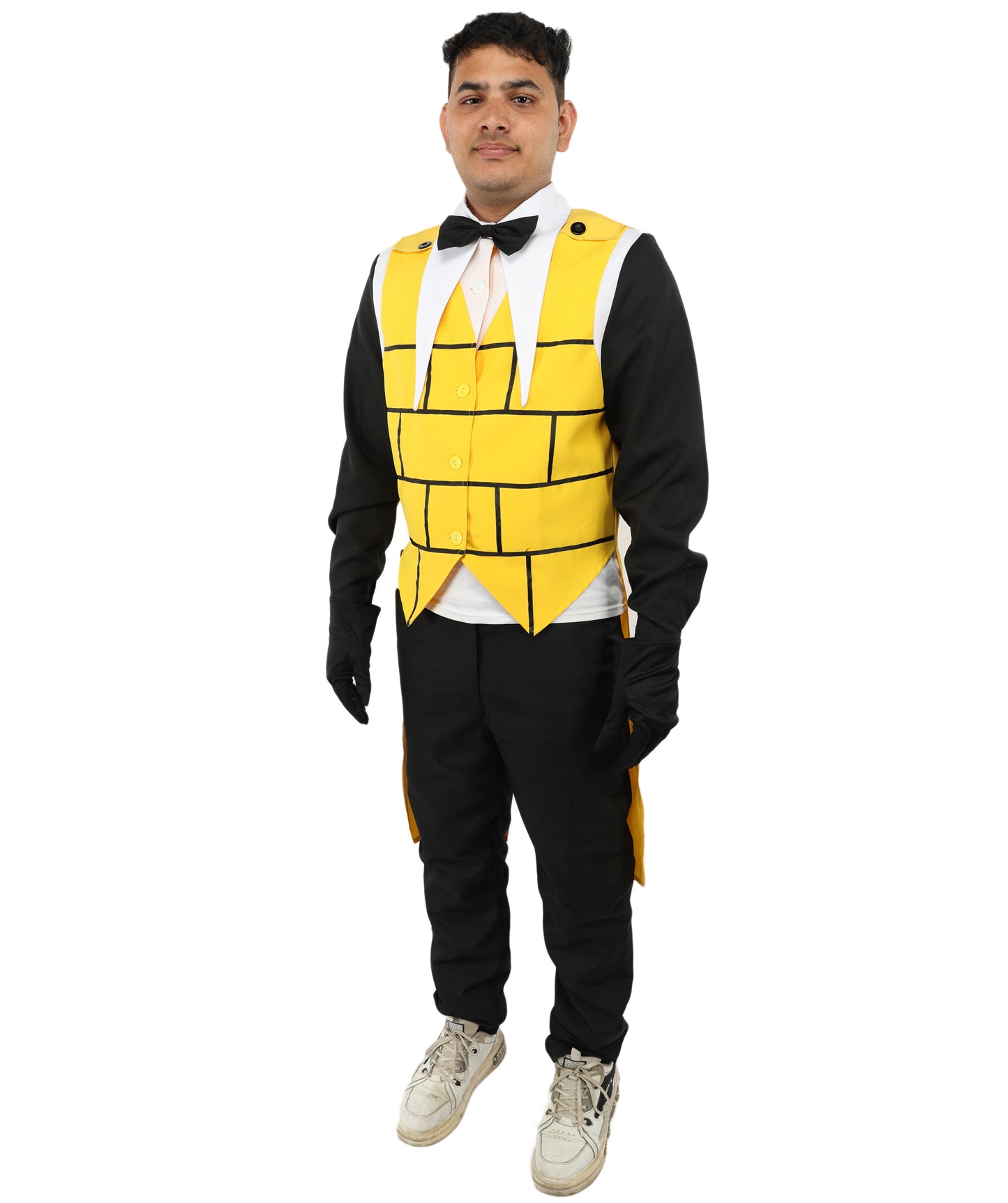 HPO Men's Yellow Black White Brick Demon Costume | Tailcoat Suit with Eye Symbol on Back and Bow Tie | Ideal for Halloween, Theater, Drag, and Mystery Events