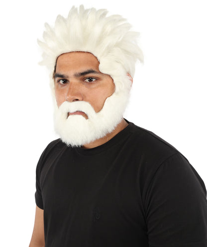 HPO Men’s Animated Genius Spiky Wig Beard & Mustache Set  – Wild Mad Scientist Pointed Beard & Curled Mustache Combo | Ideal for Animated Cosplay, Halloween Parties & Events
