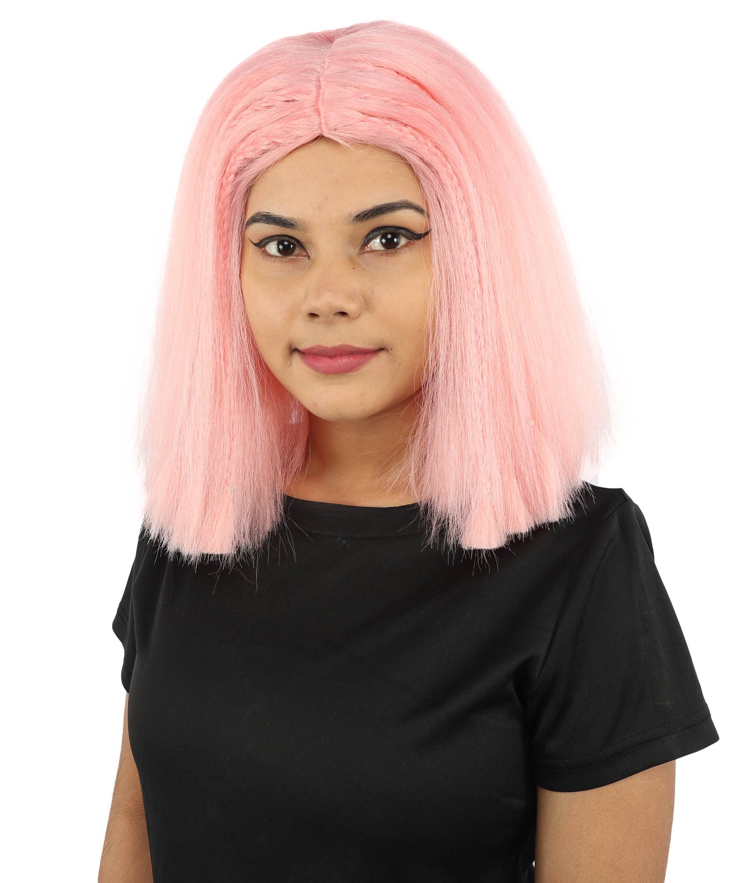 HPO Celebrity-Style 11 Inch Green Rooted Blonde Front Braided Straight Wig | Shoulder-Length Fun, Bold, and Stylish Hairpiece  | Ideal for Halloween, Cosplay, and Themed Parties