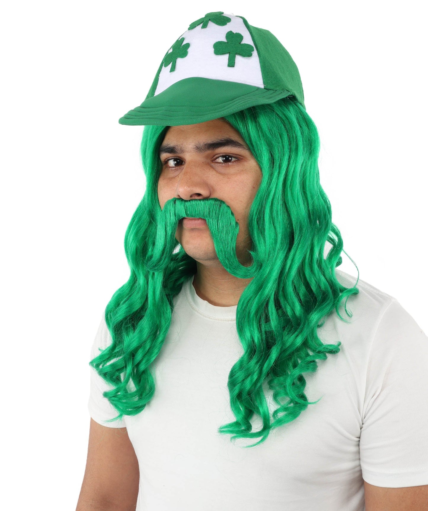 Green Mullet Hair Hat Wig & Mustache Set for Men | Synthetic Retro Punk Hairstyle | Wigs for Cosplay, Halloween, Parties & Roleplay