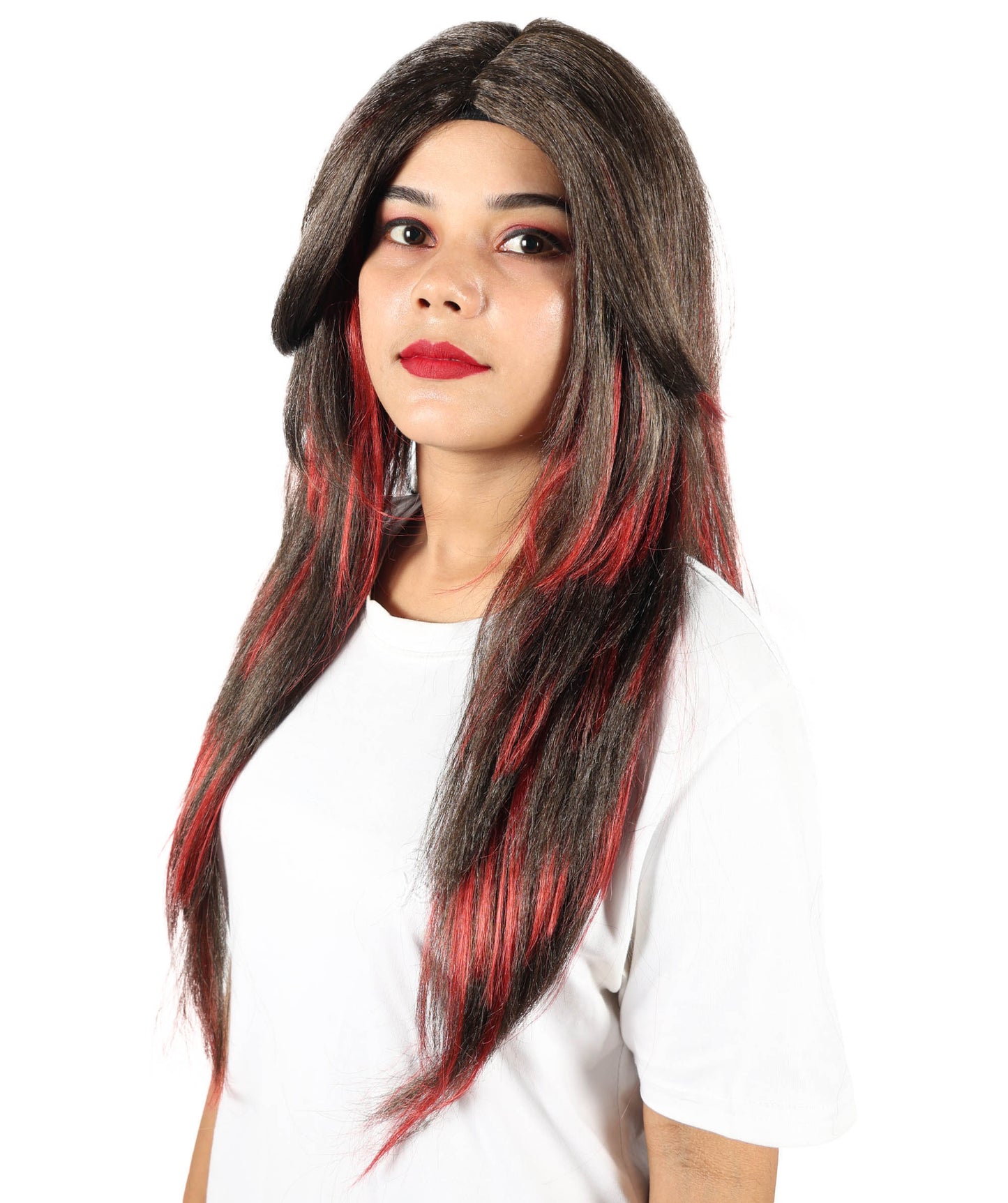 HPO Women's Edgy Celebrity Roleplay Red & Brown Wig |Flame-resistant Fiber with a comfortable capless fit | Ideal for party, Halloween, cosplay, theater, drag, performance, costume events
